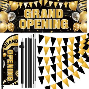 Fanfanwin 7 ft Black and Gold Grand Opening Banner with Pole Kit Advertising Feather Flag Decorations Grand Opening Store Sign Triangle Flags Set for Business Event Bar Restaurant Grocery Cafes Shop