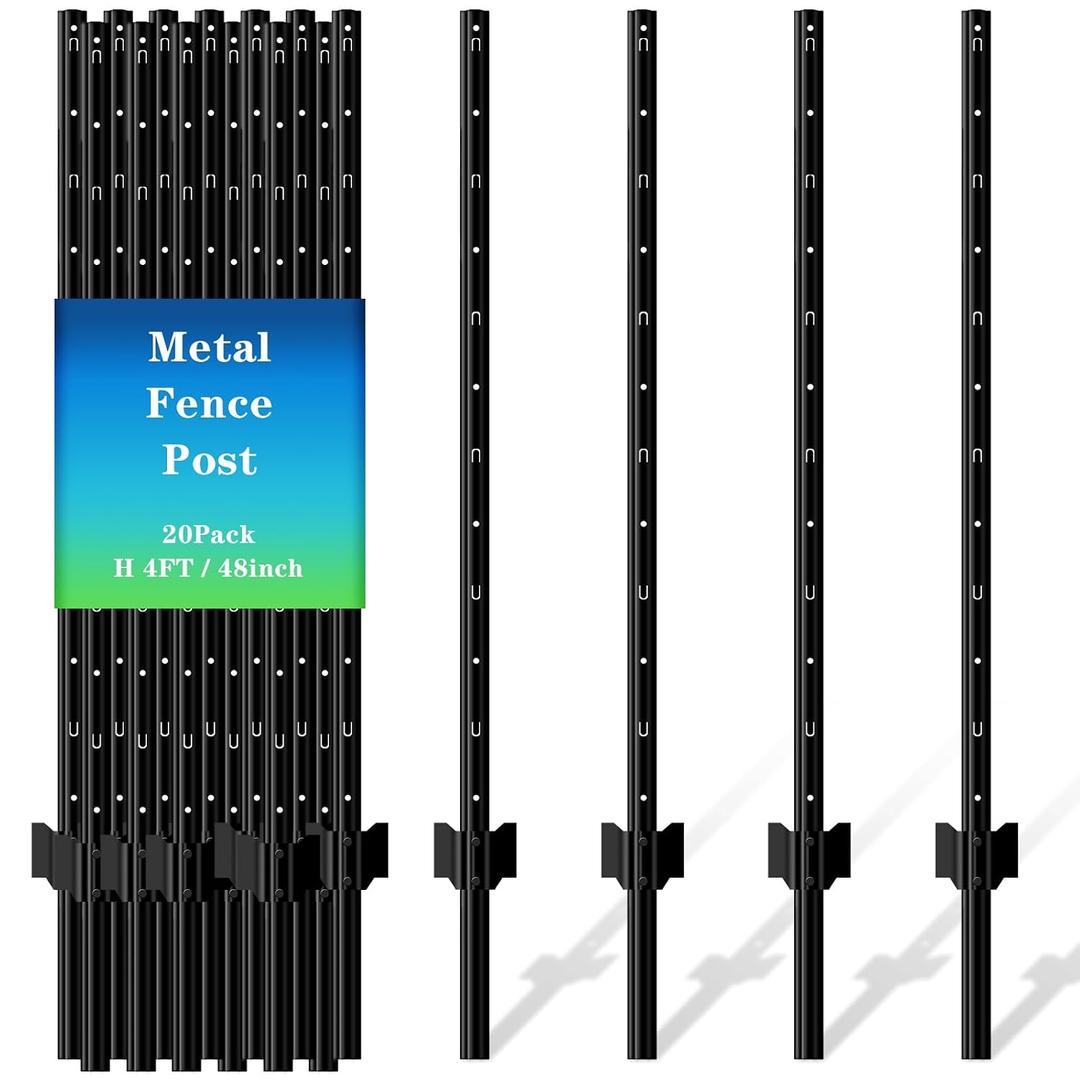 20 Pack Metal Fence Post, 4FT Heavy Duty U-Post for Wire Fence, No Dig T Posts Garden Fencing Stakes for Temporary Fencing, Electric Fence Wire, Corner Anchor