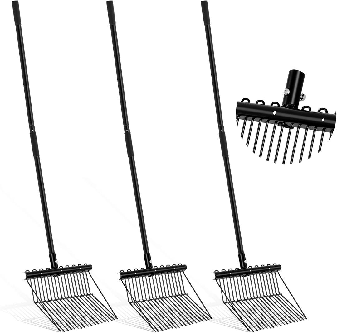 Lasnten 3 Sets Metal Manure Fork with Long Metal Handle Pitch Fork Manure Rake Black Heavy Duty Muck Rake for Gardening Horse Stall Stable Grass Hay Cleaning Farm Work