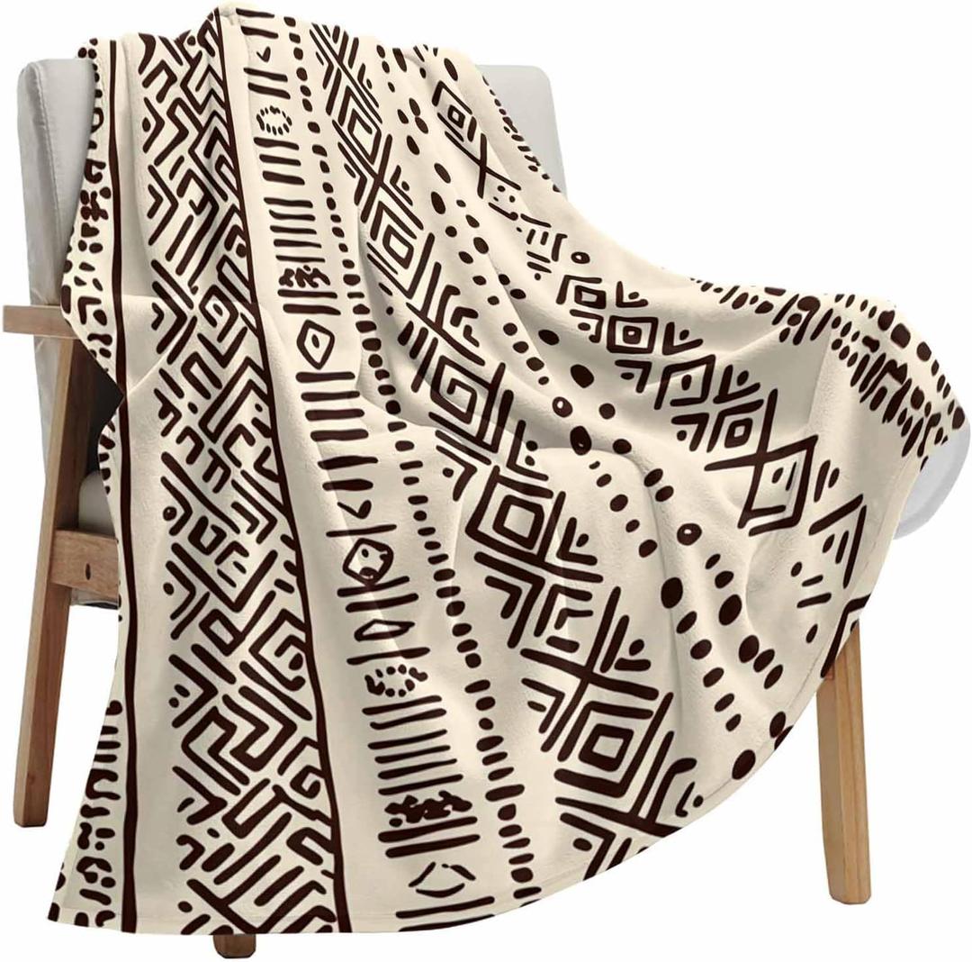 Boho Beige Throw Blanket Fleece Blanket for Couch, Vintage Tribe African Texture Soft Microfiber Fuzzy Cozy Lightweight Blankets for Home Bed Sofa All Season 40 x 60F Inch, 40*60in