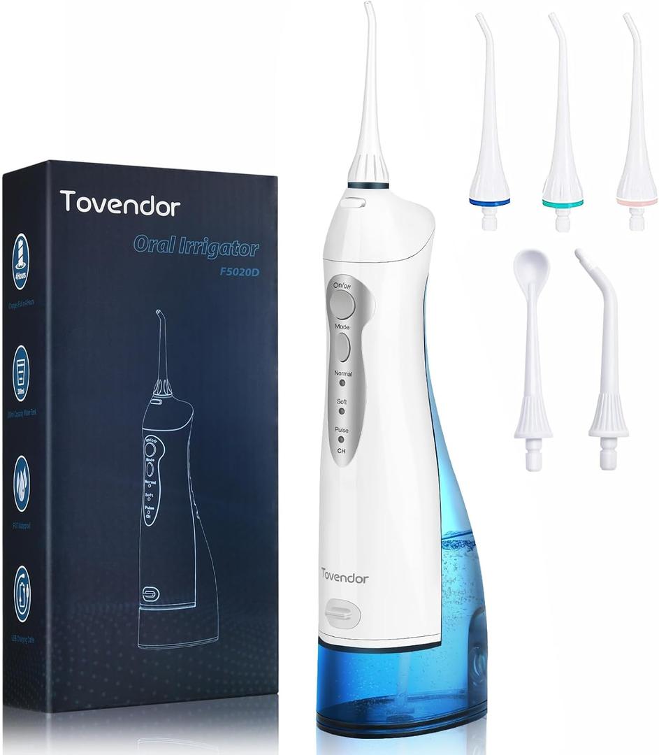 TOVENDOR Electric Water Flosser, Cordless Rechargeable Dental Oral Irrigator IPX7 Waterproof 300ML Travel Water Teeth Cleaner with 5 Tips for Braces Care Teeth Gums Cleaning, Home Office Daily Use (Nsapphire Blue)