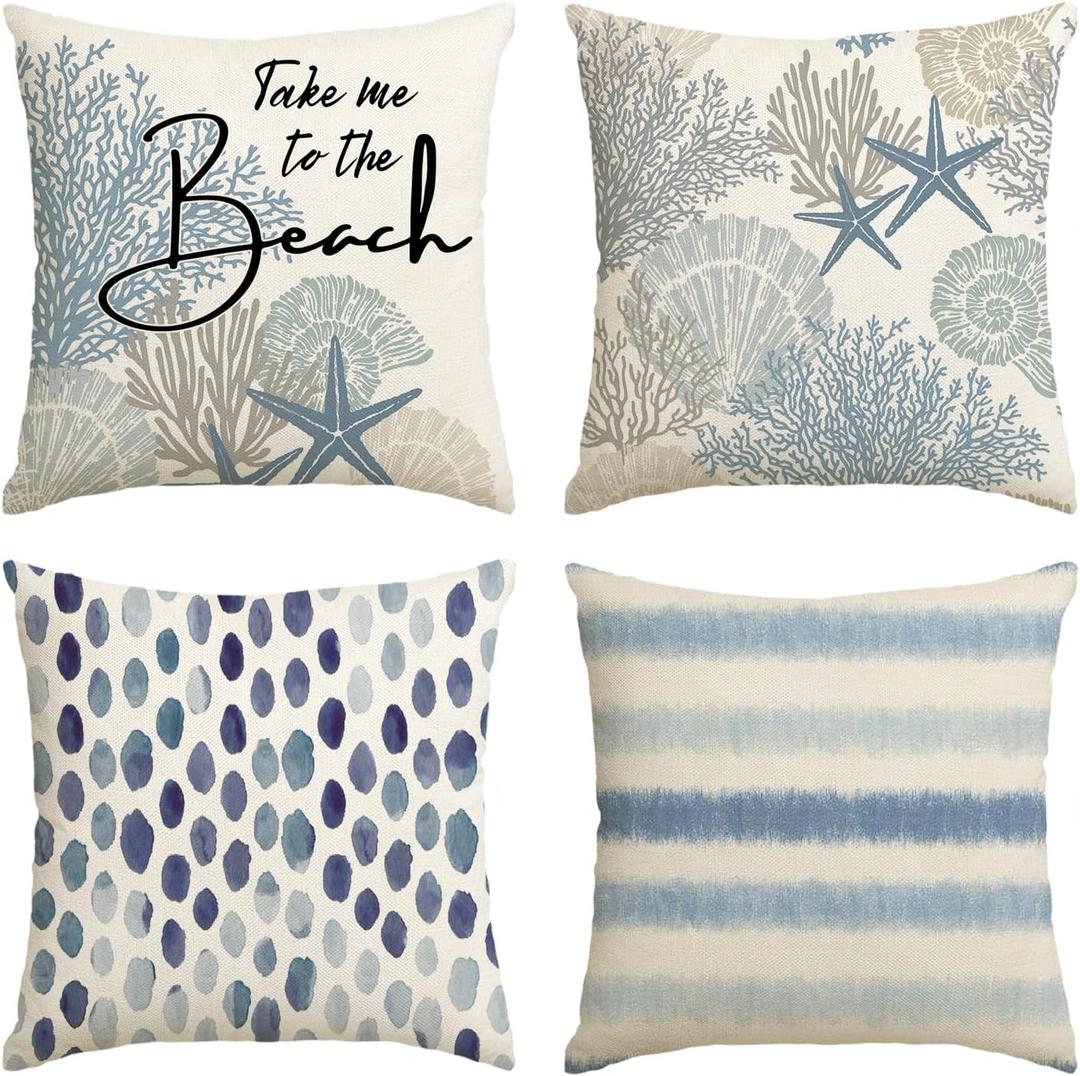 AVOIN colorlife Take Me to The Beach Summer Throw Pillow Covers, 18 x 18 Inch Blue Ocean Starfish Summer Cushion Case for Sofa Couch Set of 4