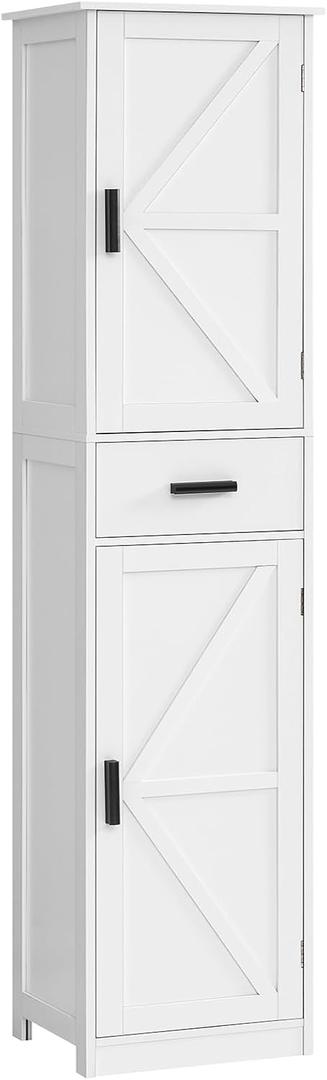 TEENFON Tall Bathroom Cabinet, Storage Cabinet with 6 Shelves & Drawer, Bathroom Storage Cabinet with Adjustable Shelves, Tall Cabinet for Living Room, Home Office, White, 11.8"D x 15.8"W x 67"H