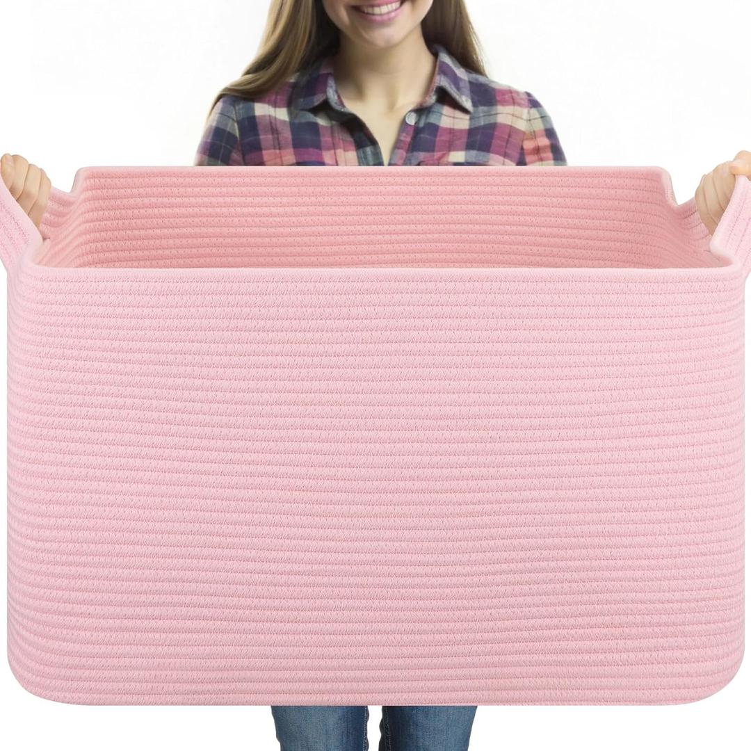 95L Extra Large Blanket Basket, 24" x 16.9" x 14.2" Woven Storage Basket for Living Room, Rectangle Nursery Blanket Storage for Toys, Towels, Dirty Clothes (Pink)