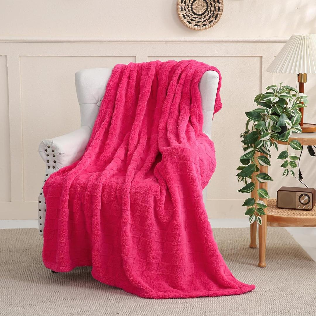 Hot Pink Fleece Throw Blanket 50”×60” for Couch Sofa Bed,Super Soft Cozy Plush Microfiber Flannel Blanket with 3D Checkered Design Lightweight for Adults Woman Girls