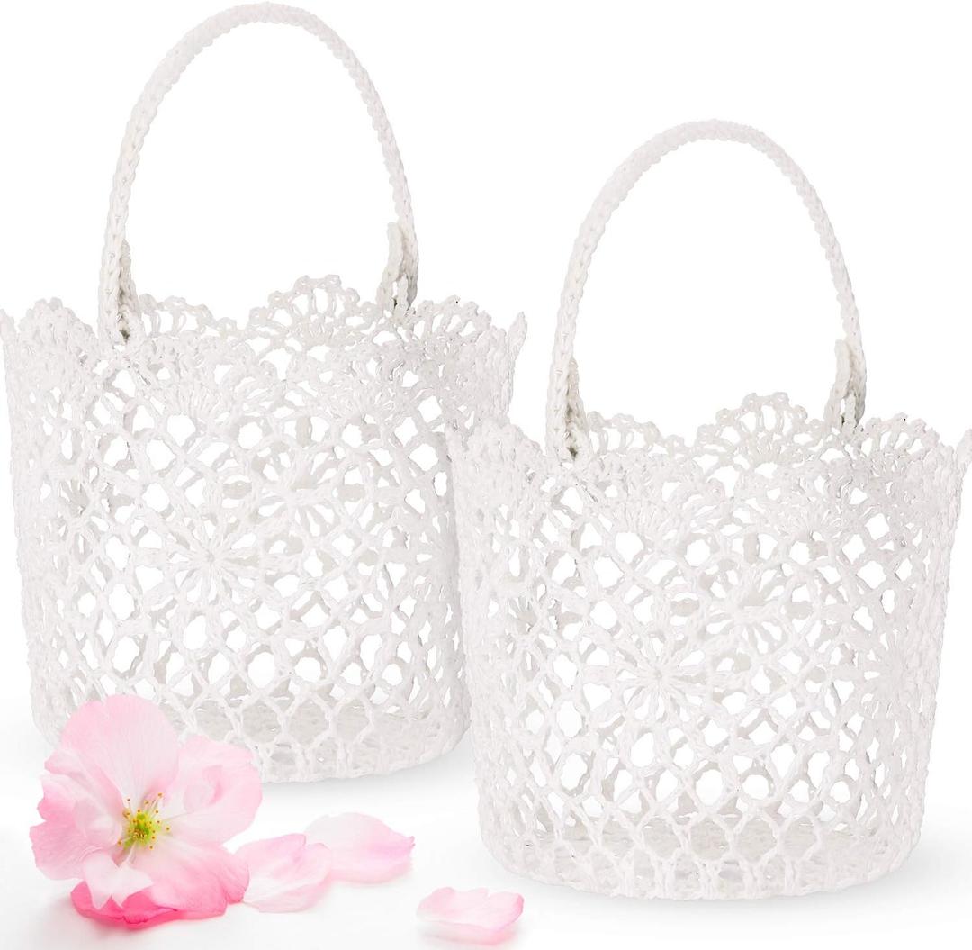 WILLBOND 2 Pieces Flower Girl Basket for Wedding Small White Basket with Handle for Wedding Girls Flower Petals Confetti 5.90" x 4.72" x 4.33" (Classic Style)