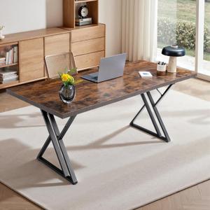 Inch Office Desk, Executive Office Desk，Modern Industrial Style, Z-Shaped Table Legs, Country Black Wood Grain Top, for Home Office, Study, Conference, Dark Wood