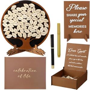 Leinuosen Celebration of Life Decorations Wooden Funeral Guest Book Set for Memorial Service Loving Memory Guestbook Share a Memory or Words of Love Cards Pen Table Sign(Brown and White)