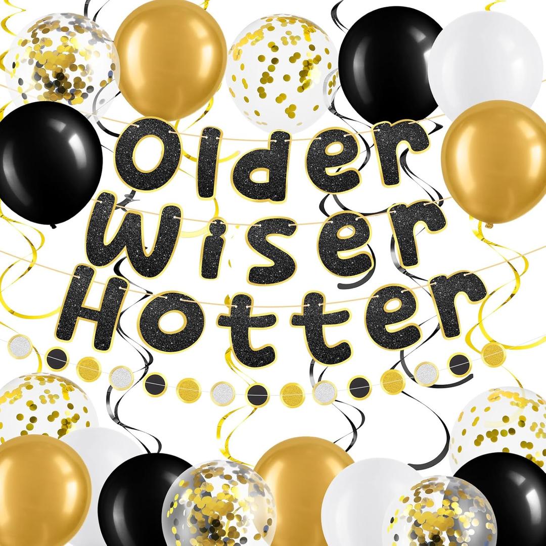 TaoBary 27 Pcs Birthday Party Decoration Pre Strung Older Wiser Hotter Glitter Banner Hanging Garland Balloon for Man Women 30th 40th 50th 60th 70th 80th Birthday Party Sign(Rose Gold/Gold/Milky)