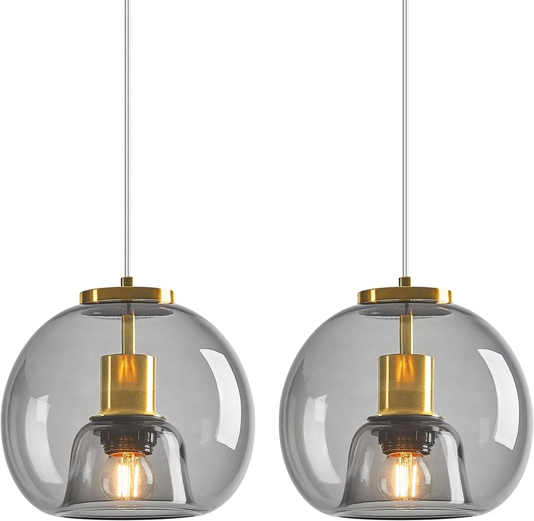 Light Grey Glass Pendant Lights Kitchen Island Gold Hanging Light Fixture Glass Globe Pendant Light Modern Pendant Lighting for Kitchen Island Bedroom Dining Room (7.87", 2 Pack)