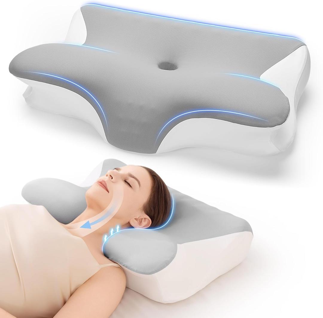Cervical Neck Pillow for Pain Relief - Cervical Pillow for Side Back Stomach Sleepers, Ergonomic Orthopedic Support Pillow for Sleeping with Memory Foam, Cooling Pillowcase, Grey
