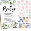 Hoteam 21 Pcs Baby Shower Games Include Baby Sock Hunt Sign and 20 Pair Small Cotton Socks Wooden Table Sign with Holder for Boy and Girl Gender Reveal Party Favors(Greenery, Cute Style)