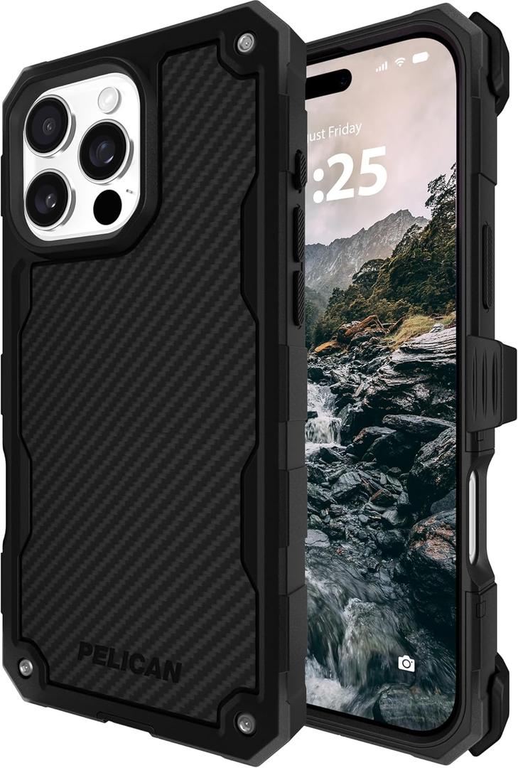 Pelican Shield iPhone 16 Pro Max Case [Compatible with MagSafe] Rugged Phone Case w/ 21ft Military-Grade Drop Protection - Heavy Duty Phone Cover w/Belt Clip Holster for iPhone 16 Pro Max - Carbon