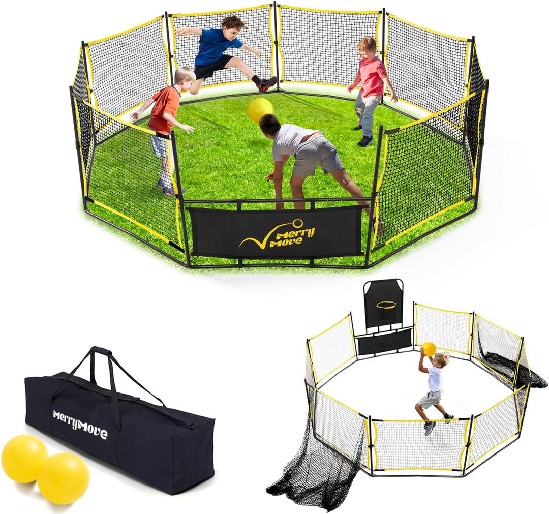 3-in-1 Portable Gaga Ball Pit with Hoop & Goals, 10ft Outdoor Game for Camp, School & Family Fun(10FT-Yellow&Black), 10 Feet Diameter