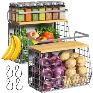 Ofiray-Home Magnetic Fridge Shelf with Wood Lid, Fruit Potato Onion Storage Bins, Pantry Organizers, Large Container Spice Rack for Refrigerator, Kitchen Counter, Cabinet (2, Silver)