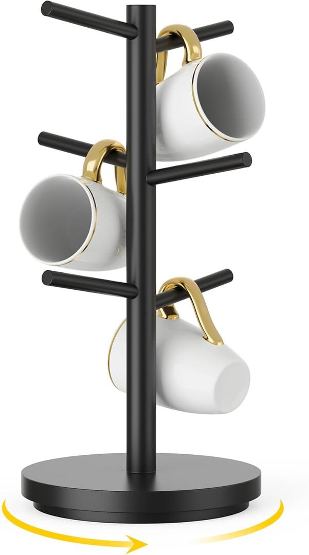 Wisuce Coffee Mug Holder Tree Upgraded 360Rotated Cup Holder for Counter Black Wood Cup Tree Mug Rack Organizer Stand with 6 Hooks for Kitchen Coffee Bar Accessories