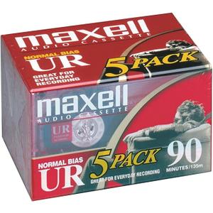 Maxell UR 90 Normal Bias Blank Audio Recording Cassette Tape, Low Noise, 90 Minute Recording Time, 5 Pack