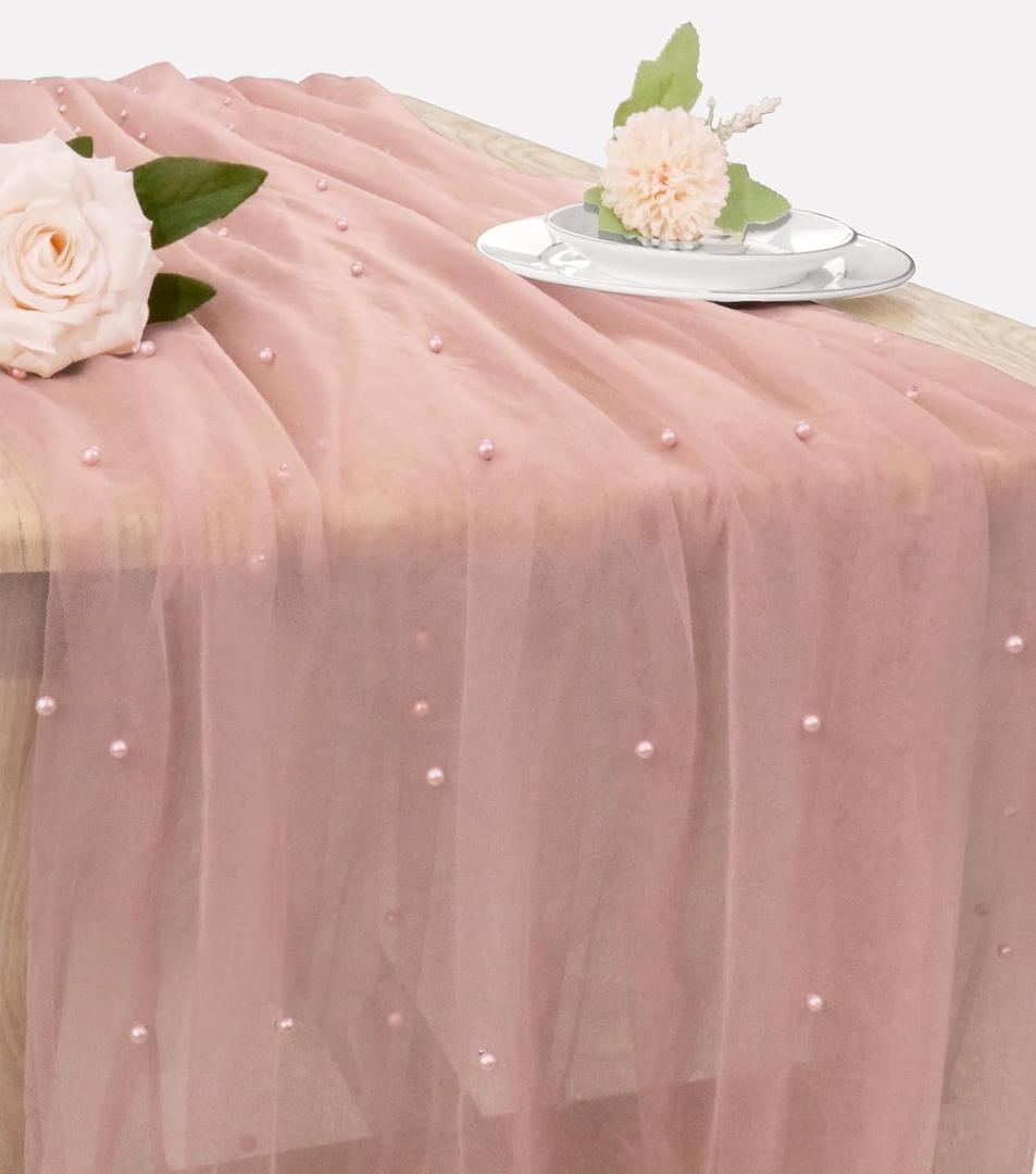 Pearl Valentine's Day Table Runner 29 x 120 Inch Tulle Fabric Lace Table Runners for Bridal Shower Birthday Party Wedding Arch Dessert Table Decor(1 Pack, Dusty Pink)