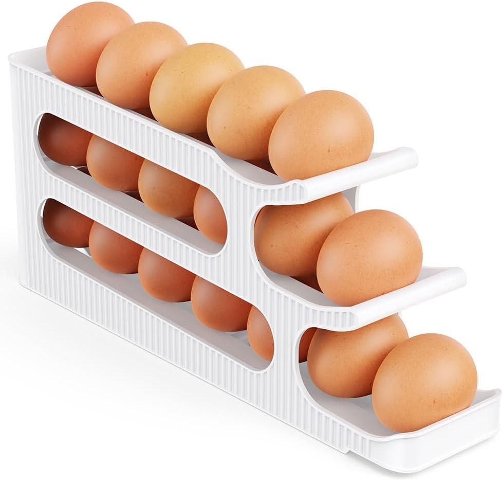 Egg Holder for Fridge, 3 Tiers Auto Rolling Egg Storage Organizer for Refrigerator, Slim Space Saving Container, Dispenser - Egg Roller for Eggs 18 Count