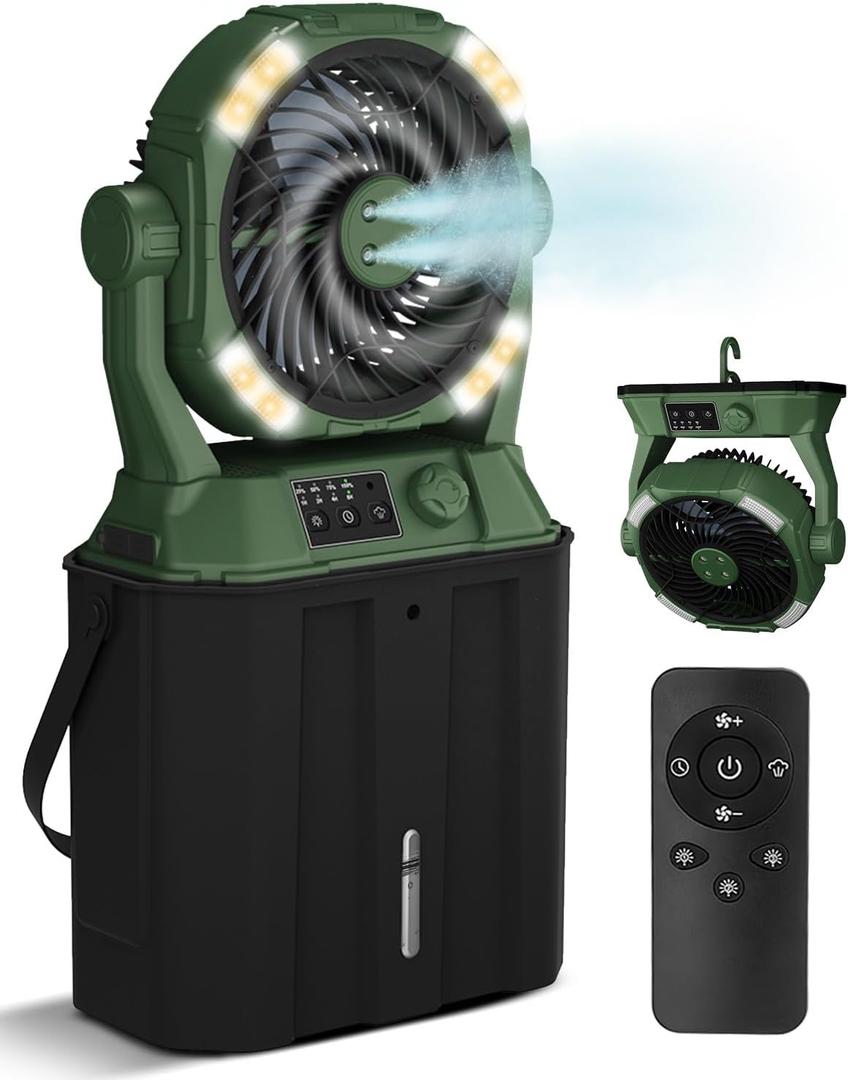 Portable Misting Fan with 7L Bucket, 9-inch 26800mAh Rechargeable Cordless Variable Speed Misting Fans, Cooling Fan with Remote & 4 Spray Mister, Warm/Cool White Night Light for Camping Patios (Green)