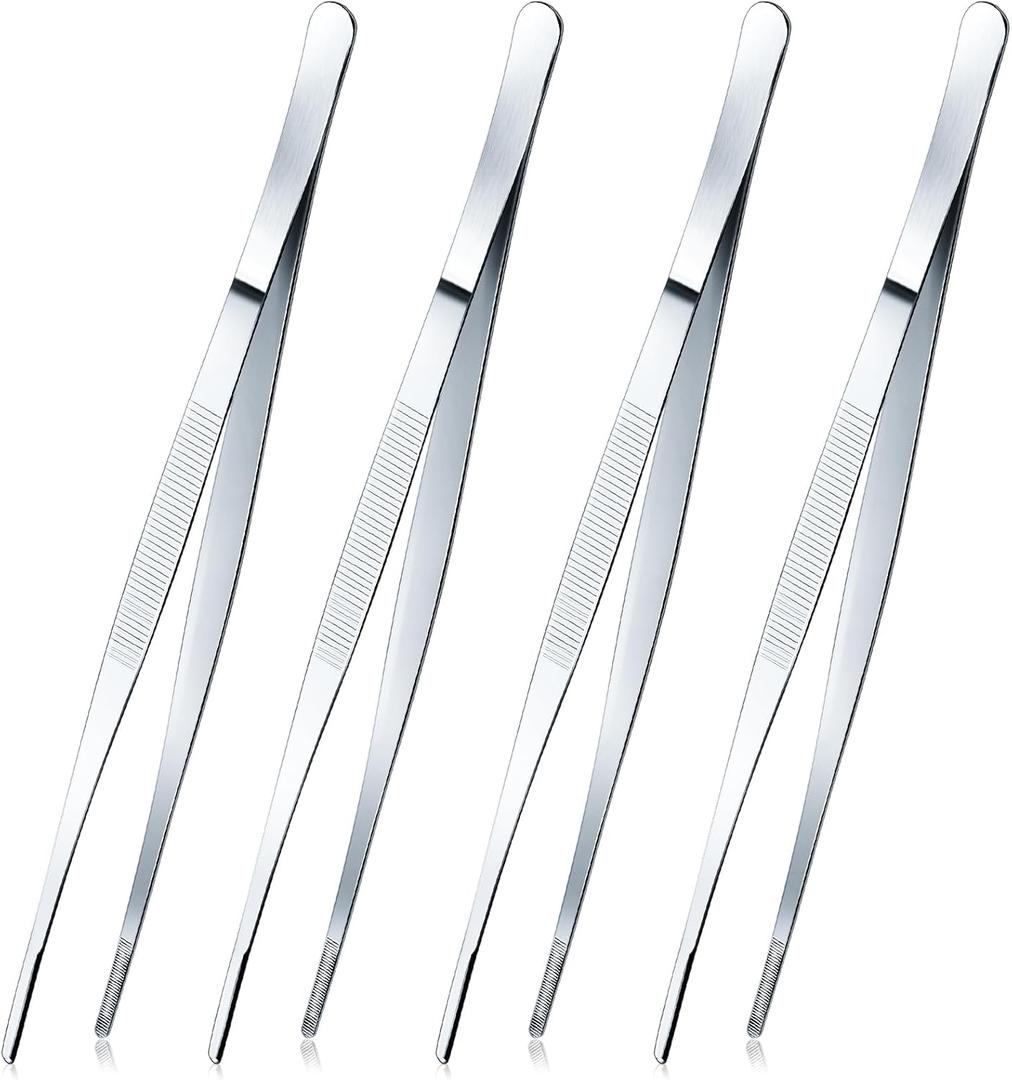 Yaomiao 4 Packs Bar Tweezers Long Garnish Tongs Bar Tweezers Stainless Steel Korean Bbq Tongs for Bartender Cocktail Cooking Food(Silver,10 Inch)