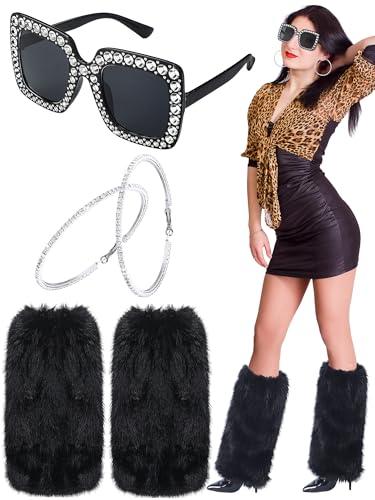 Geyoga 3 Pcs Halloween Reality Television Personality Costume Crystal Rhinestone Hoop Earrings Oversize Square glitter Sunglasses Fur Leg Warmer Short Boot Cuffs Covers Funny Accessories Girls Women