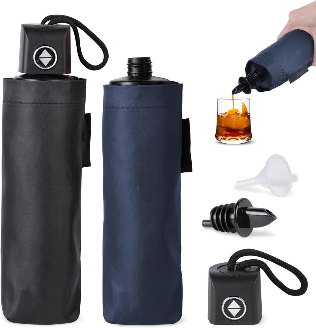 Umbrella Flask 2 Pack (28 oz Total) Hidden Flasks for Liquor for Women Cruise Alcohol Smuggling Kit with Funnel, Spout & Safety Stickers For Concert Sports Events