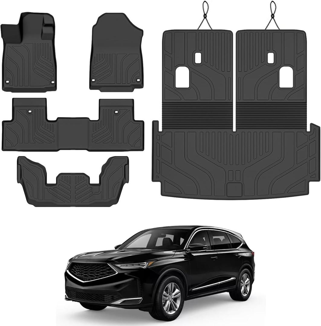 Floor Mats Set for Acura MDX 2022-2026 | All Weather Protection TPE Custom Fit Cargo Mats with Backrest Mats, 1st 2nd 3rd Row Black Car Mats for Acura MDX Accessories