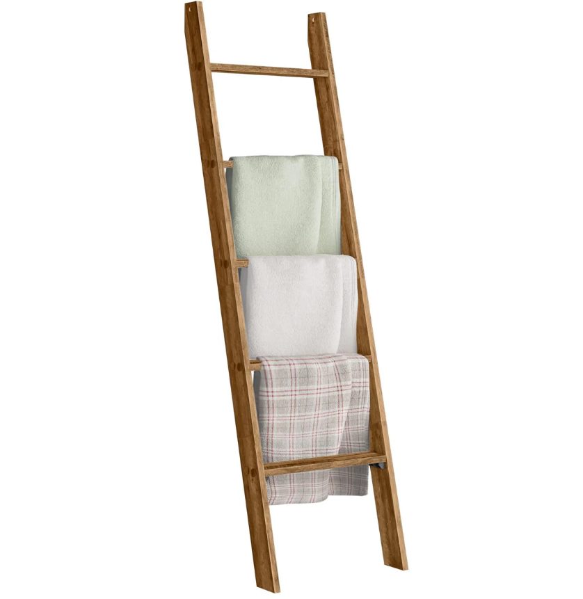 Blanket Ladder for Living Room 5-Tier Blanket Holder with Light, Wall-Leaning Blanket Rack, Ladder Shelves, Wooden Quilt Ladder, Farmhouse Decor for Bedroom Bathroom Home Decor (Wood)