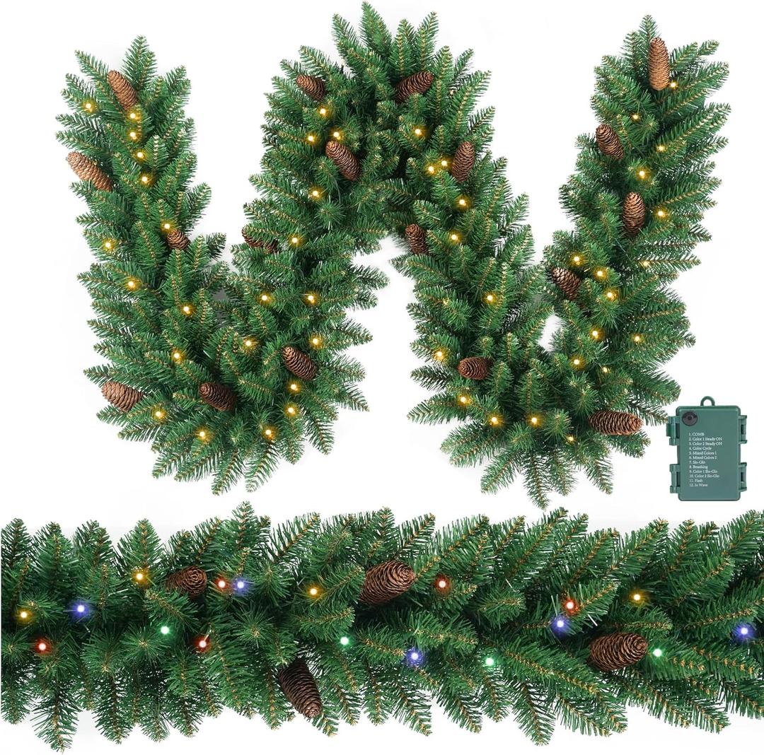 Christmas Garland 9ft with 70 Muticolor and Warm Led, 330 Tips Prelit Fraser Fir Xmas Garland with 70 LED Lights, Lush and Classics Green Style with Pine Cone for Indoor Outdoor Home Decoration