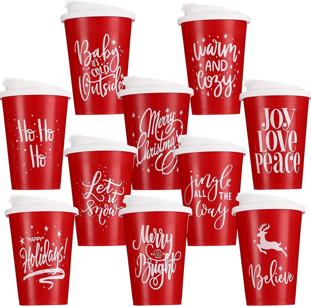 Sliner 10 Pcs Christmas Reusable Coffee Cups with Lids Bulk 12 oz Christmas Plastic Cup Gifts Xmas Drinks Tumblers with Snowflake for Coworkers Family Winter Party Favors (Red)