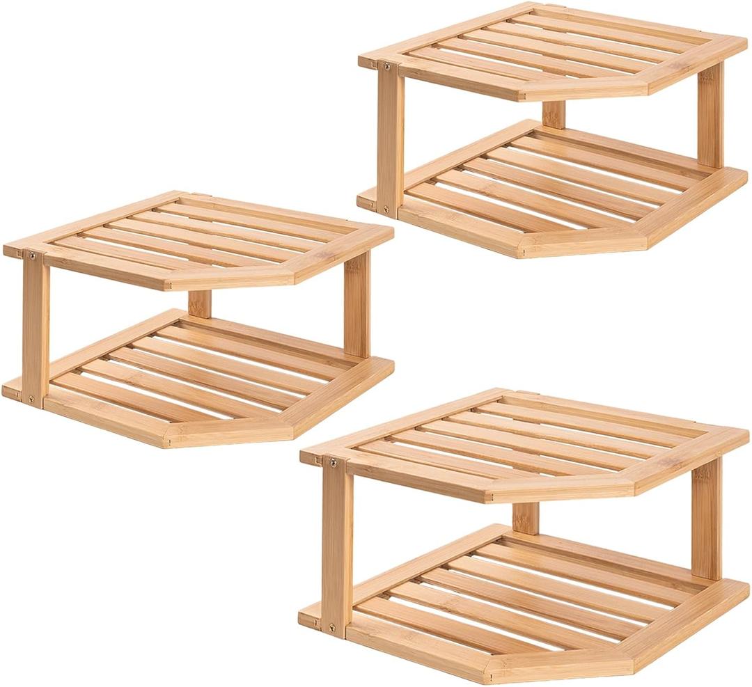 Bamboo Corner Shelf (Pack of 3), 2 Tier Plate Organizer for Cabinet and Countertop, Pantry Dish and Spice Rack for Kitchen