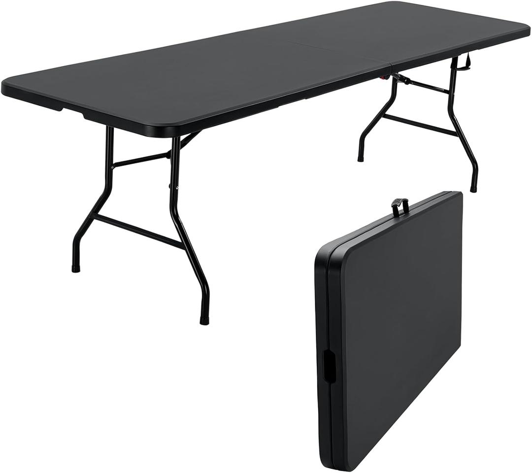 SKOK 330lbs Folding Picnic Table 4/6/8 Foot Adjustable Height, 4/6/8FT Plastic Table Portable w/Handle, Utility Commercial Craft Sewing Card Table w/Heavy Duty Frame for Party Events (8FT-Black)