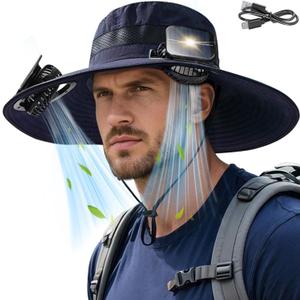 Solar Fan Hat for Men Women, Wide Brim UPF50+ Sun Hat with 2 Removable Fan 3-Speed Wind Solar & USB Charging (Dark Blue)