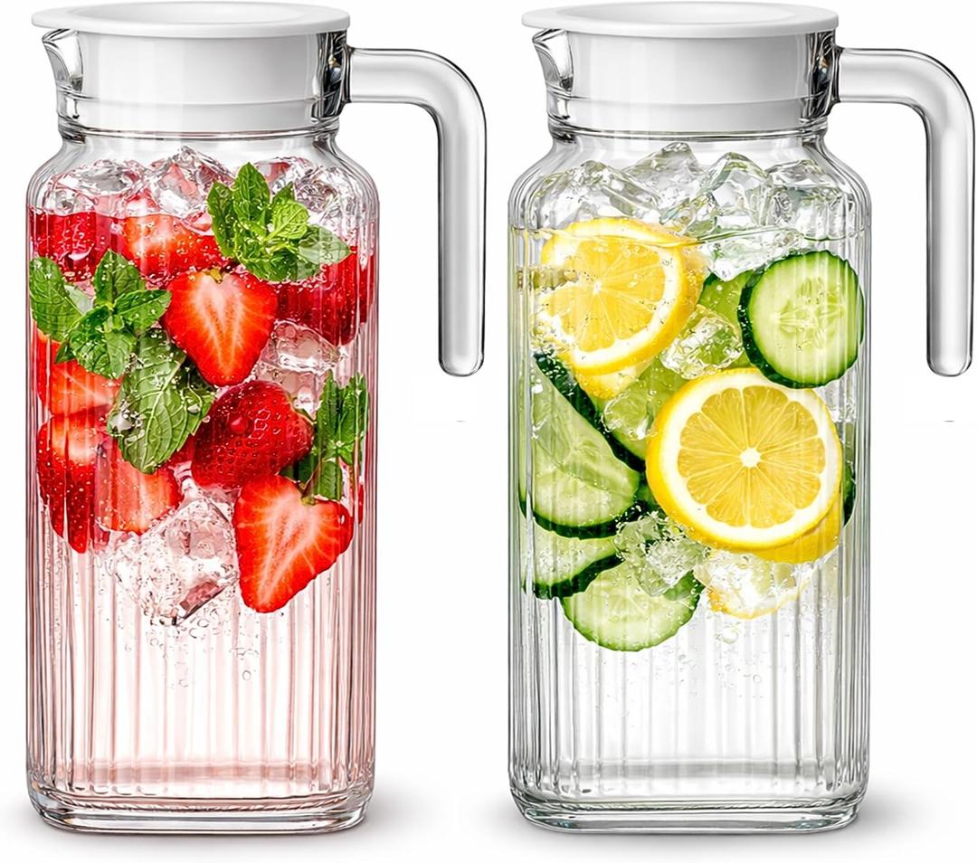 Glass Pitcher with Lid 2 Pack 55 oz Glass Water Pitcher, Iced Tea Pitcher with Handle, Ribbed Juice Container for Fridge, Glass Beverage Container for Lemonade, Milk, Drinks