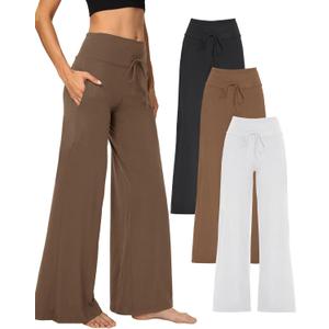 1/3 Pack Wide Leg Yoga Pants for Women, Comfy Lounge Pajama Sweatpants Loose Causal Palazzo with Pockets (Medium, Black/ Mocha/ White)