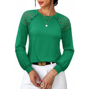 siliteelon Lace Long Sleeve Tops Dress Shirt Womens Crew Neck Loose Dressy Blouse Business Casual Work Summer 2026 Green (Green, XXL)