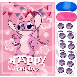 Stitch Party Supplies, Pin The Nose on Angel, Stitch Party Games for Boys Girls, Large Poster 24PCS Stickers for Stitch Birthday Decorations