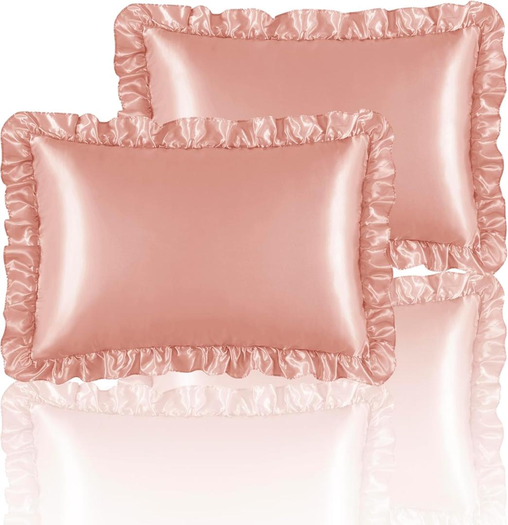 Silky Satin Ruffled Pillow Cases for Hair and Skin,Rose Gold Silk Pillowcases Queen Set of 2 with Envelope Closure Princess Room Decoration