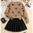 RoseSeek Girl's 2 Piece Cute Outfits Heart Long Sleeve Knit Sweater and Pleated Skirts Preppy Trendy Fall Winter Clothes Brown 12 Years