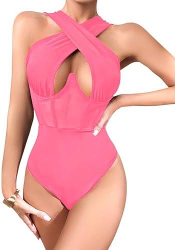 CRIPOM Women's Halter Criss Cross Sleeveless Bodysuit Sheer Mesh Corset Bustier Sexy Cut Out Leotard Jumpsuit, XL
