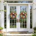 Pinkpuii Spring Wreaths for Front Door Outside 24 Inch Spring Summer Wreath with Vibrant Pink Peony,Tulip & White Rose Flowers and Hello Wooden Sign,Ideal for Farnhouse Porch,Wall,Window Dcor