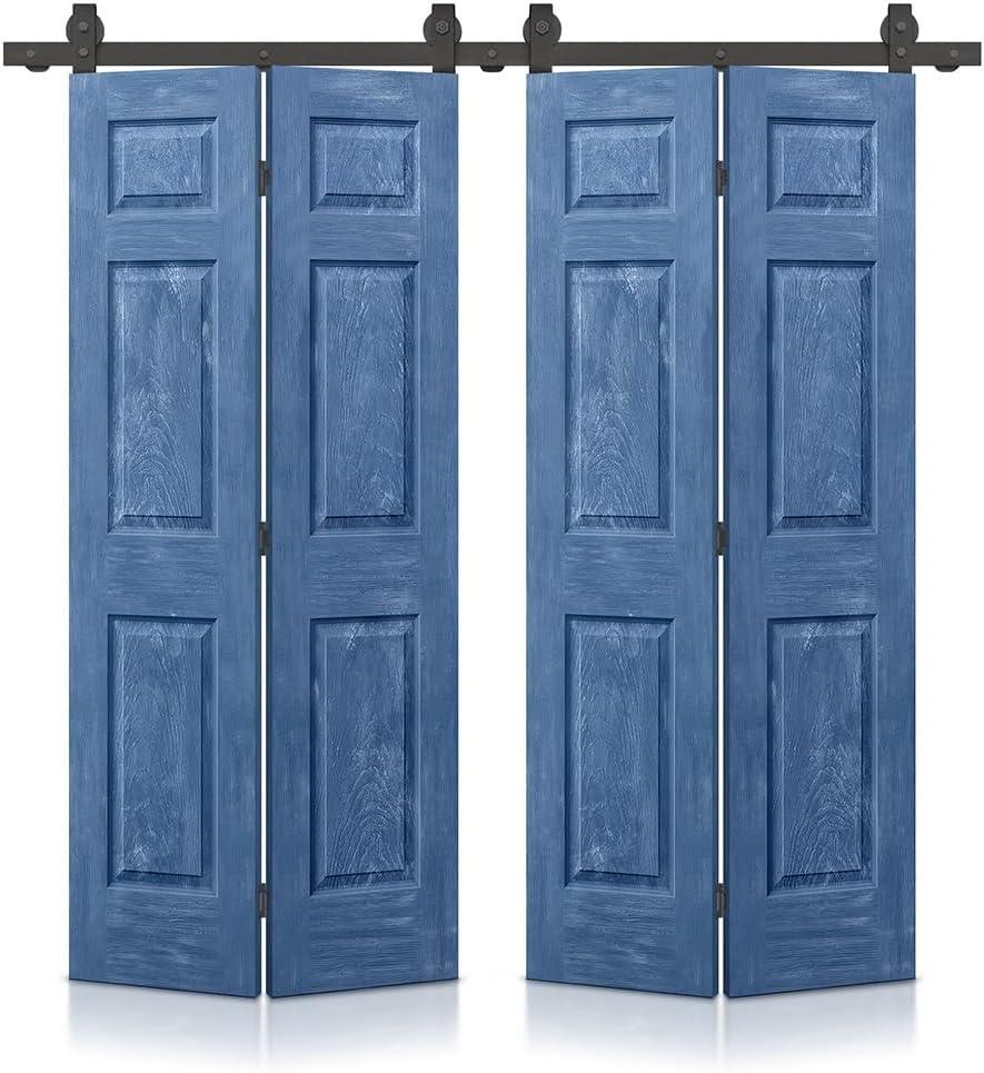 48 in. x 80 in. Vintage Blue Stain 6 Panel MDF Double Bi-Fold Barn Door with Sliding Hardware Kit