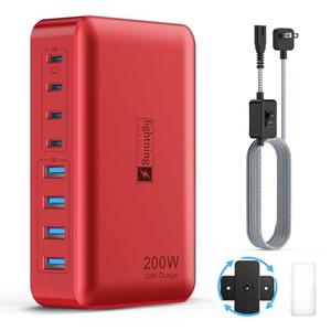 8-Port USB Charger Block 200W with Flat Plug, Braided Power Cord, and On/Off Switch- USB Charging Hub for iPhone, iPad, MacBook and More- 65W C Port Power Adapter for Laptops