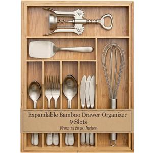 Liviys Cutlery Drawer Organizer for Kitchen Utensils, 13-20 Inches Expandable Bamboo Utensil Tray, Large Wooden Silverware Organizer Insert for Kitchen Drawers