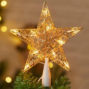 Christmas Star Tree Topper, Plug in 3D Twined Golden Star Metal Hollow Designed Christmas Tree Topper Decorations 9 inch,Built in 10 Bulbs for New Year Holiday Home Office Indoor