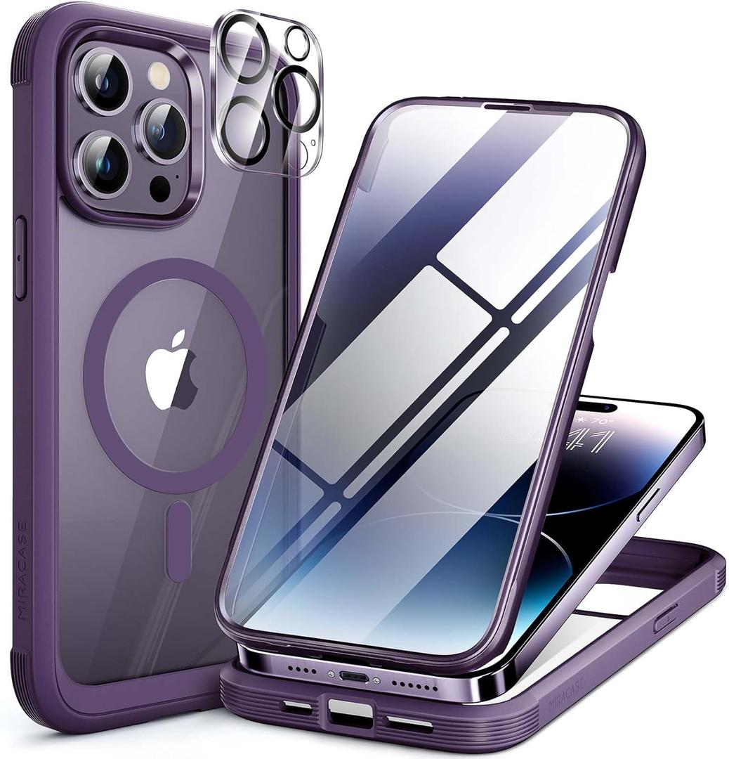 Miracase Magnetic for iPhone 14 Pro Case 6.1 inch, (Compatible with MagSafe) Upgrade Full-Body Clear Phone Bumper Case with Built-in 9H Tempered Glass Screen Protector, Magnetic Purple