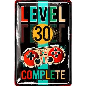 LANOLU Vintage Tin Sign - LEVEL 30 - Perfect 30th Birthday Gift for Him, Dirty 30 Decorations, 12x8, Set of 2