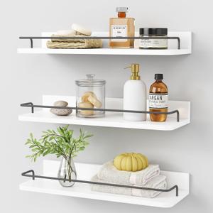 Forbena White Floating Shelves Bathroom Shelves Over Toilet Set of 3, Bathroom Organizers and Storage Shelves Wall Mounted, Modern Wood Corner Wall Shelf for Bedroom Closet -White and Dark Grey