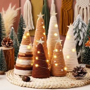 6 Pcs Boho Christmas Yarn Tree Natural Xmas Yarn Cone Pedestal Decoration Farmhouse Christmas Tree Rustic Wool Bottle Brush Table Centerpiece Decor (Brown)